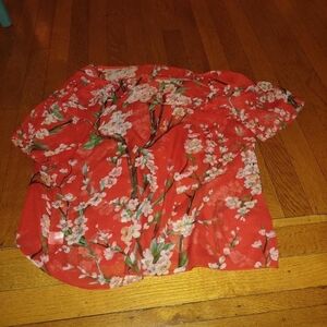 Red Short Sleeved Blouse With Cherry Blossoms From EQ Fits Like Medium